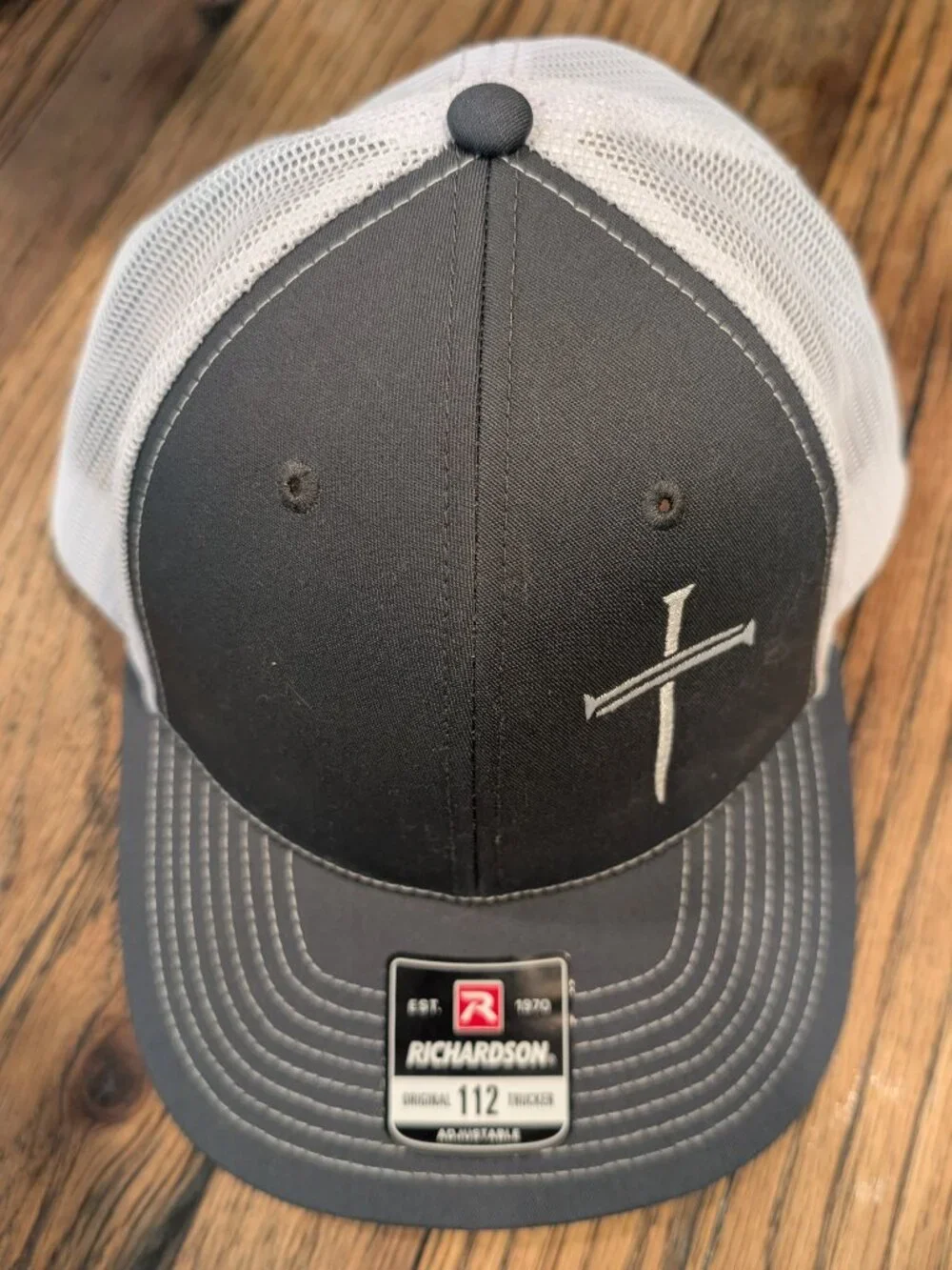 Share Richardson 112 3 Nails Cross Engraved Christian Gray & White Trucker Hat